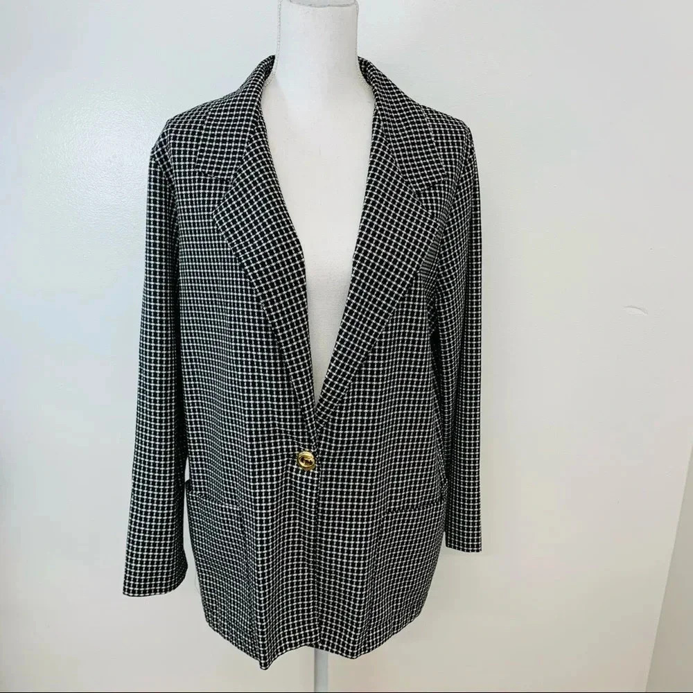 Vintage Lisa Joseph  Blazer Jacket Woman Medium  Black White‎ Check Pockets USA